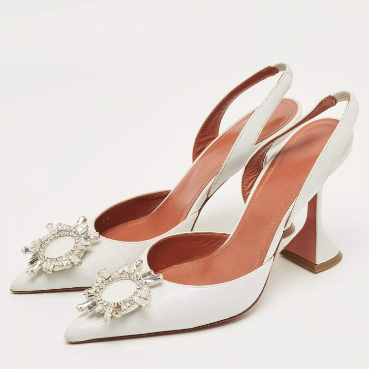 Pre Owned Amina Muaddi White Leather Begum Slingback Pumps Size 39