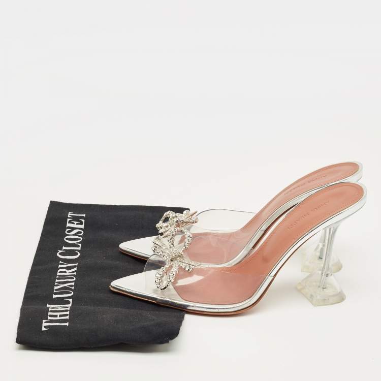Pre Owned Amina Muaddi Silver Rosie Crystal Embellished PVC Pointed Toe Sandals Size 38