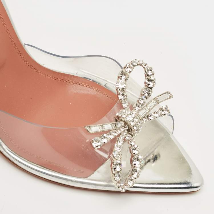 Pre Owned Amina Muaddi Silver Rosie Crystal Embellished PVC Pointed Toe Sandals Size 38