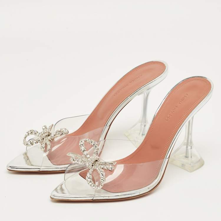 Pre Owned Amina Muaddi Silver Rosie Crystal Embellished PVC Pointed Toe Sandals Size 38