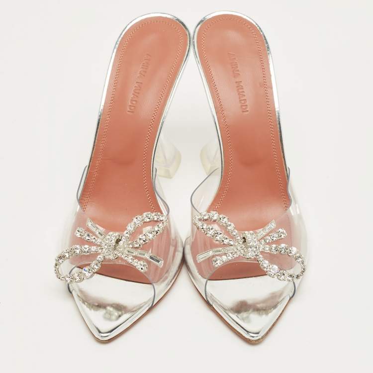 Pre Owned Amina Muaddi Silver Rosie Crystal Embellished PVC Pointed Toe Sandals Size 38