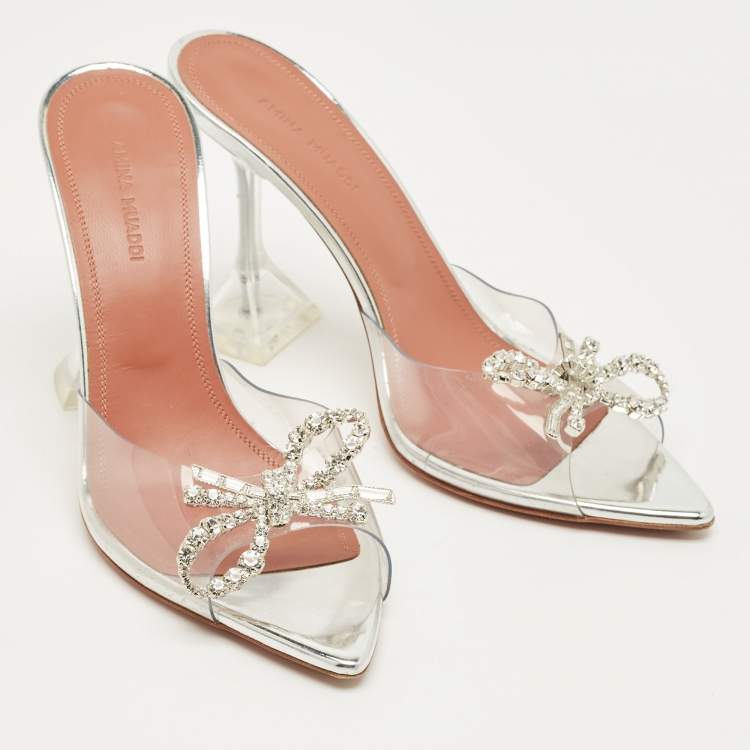 Pre Owned Amina Muaddi Silver Rosie Crystal Embellished PVC Pointed Toe Sandals Size 38