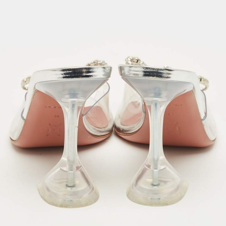 Pre Owned Amina Muaddi Silver Rosie Crystal Embellished PVC Pointed Toe Sandals Size 38