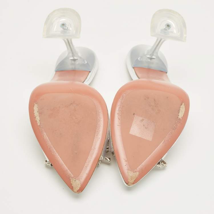 Pre Owned Amina Muaddi Silver Rosie Crystal Embellished PVC Pointed Toe Sandals Size 38