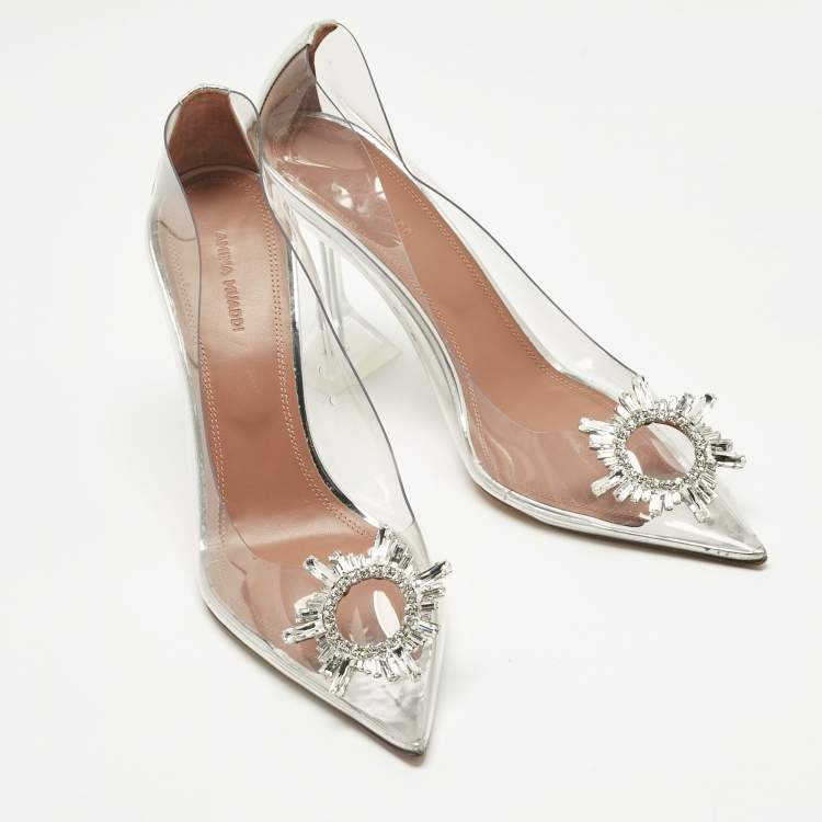 Pre Owned Amina Muaddi Transparent/Silver PVC and Leather Rosie Pointed Toe Pumps Size 41