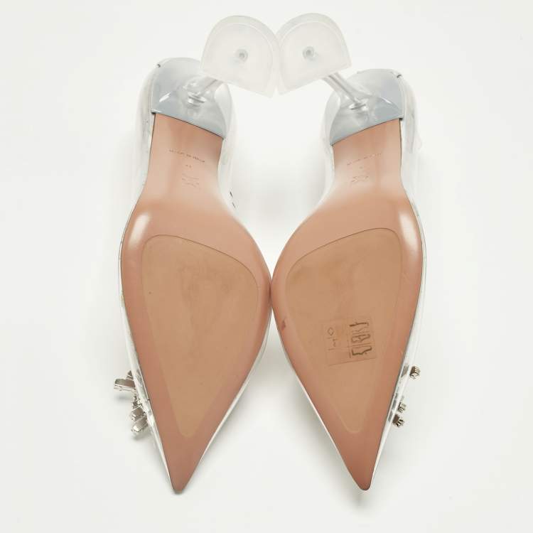 Pre Owned Amina Muaddi Transparent/Silver PVC and Leather Rosie Pointed Toe Pumps Size 41