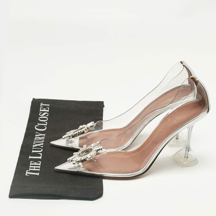 Pre Owned Amina Muaddi Transparent/Silver PVC and Leather Rosie Pointed Toe Pumps Size 41