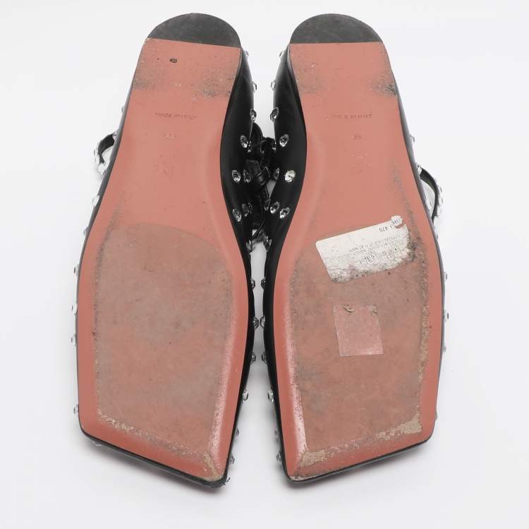 Pre Owned Amina Muaddi Black Leather Ane Crystal Embellished Ankle Wrap Ballet Flats Size 38