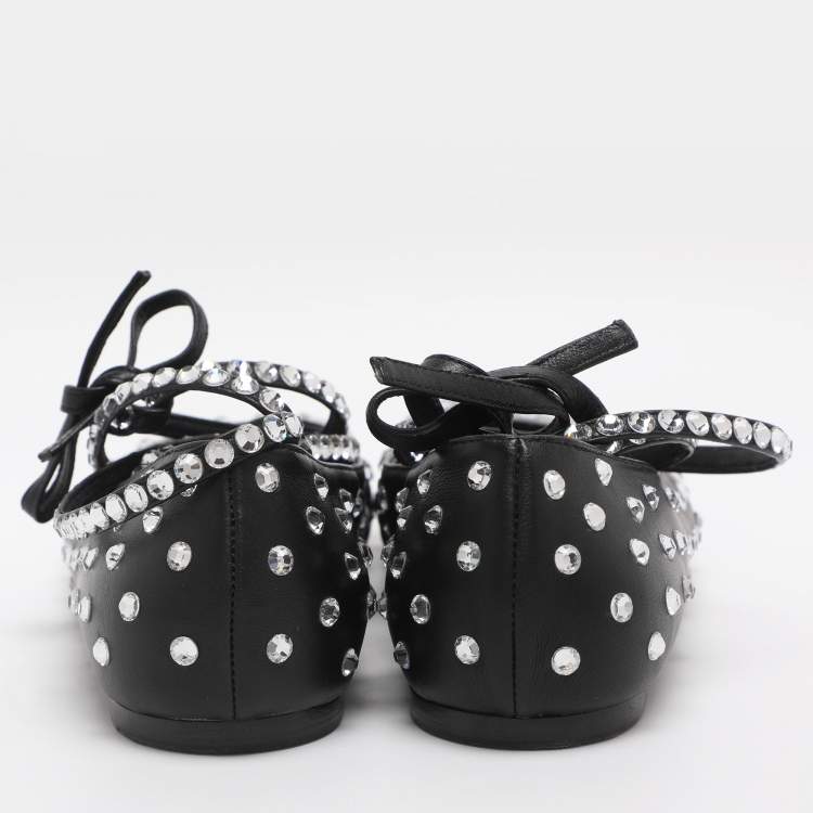 Pre Owned Amina Muaddi Black Leather Ane Crystal Embellished Ankle Wrap Ballet Flats Size 38