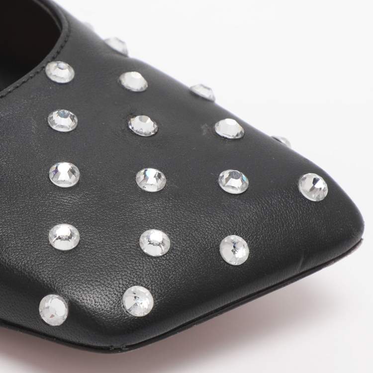 Pre Owned Amina Muaddi Black Leather Ane Crystal Embellished Ankle Wrap Ballet Flats Size 38