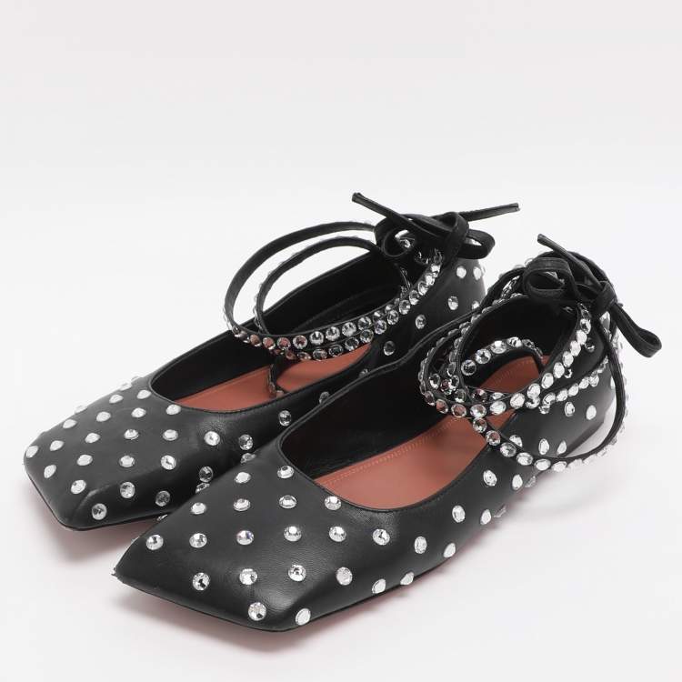 Pre Owned Amina Muaddi Black Leather Ane Crystal Embellished Ankle Wrap Ballet Flats Size 38