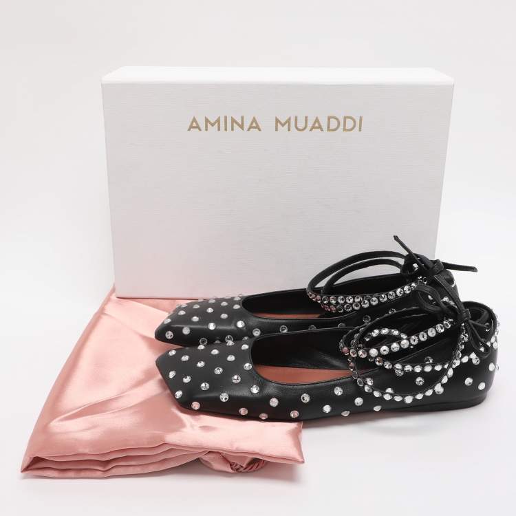 Pre Owned Amina Muaddi Black Leather Ane Crystal Embellished Ankle Wrap Ballet Flats Size 38