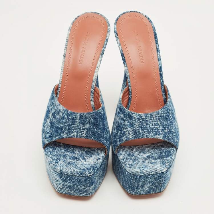 Pre Owned Amina Muaddi Blue Denim Dalida Platform Mules Size 38