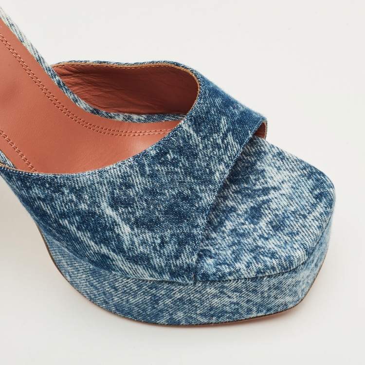 Pre Owned Amina Muaddi Blue Denim Dalida Platform Mules Size 38