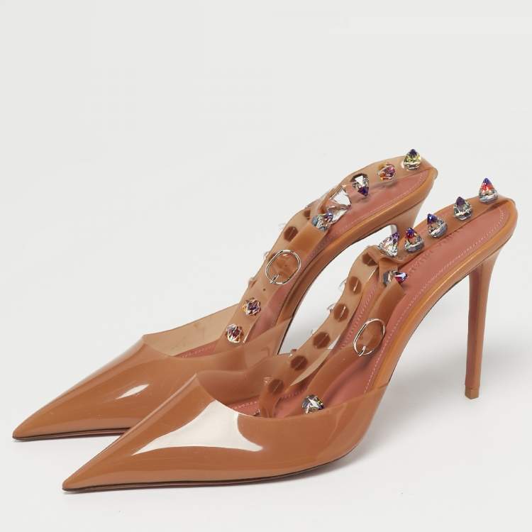 Pre Owned Amina Muaddi Brown PVC Crystal Embellished  Julia  Ankle Strap Pumps Size 40