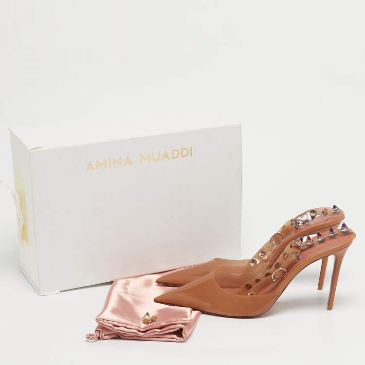 Pre Owned Amina Muaddi Brown PVC Crystal Embellished  Julia  Ankle Strap Pumps Size 40