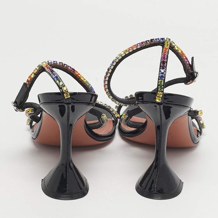 Pre Owned Amina Muaddi Gilda Size 38.5 Black Patent Leather Ankle Strap Sandals