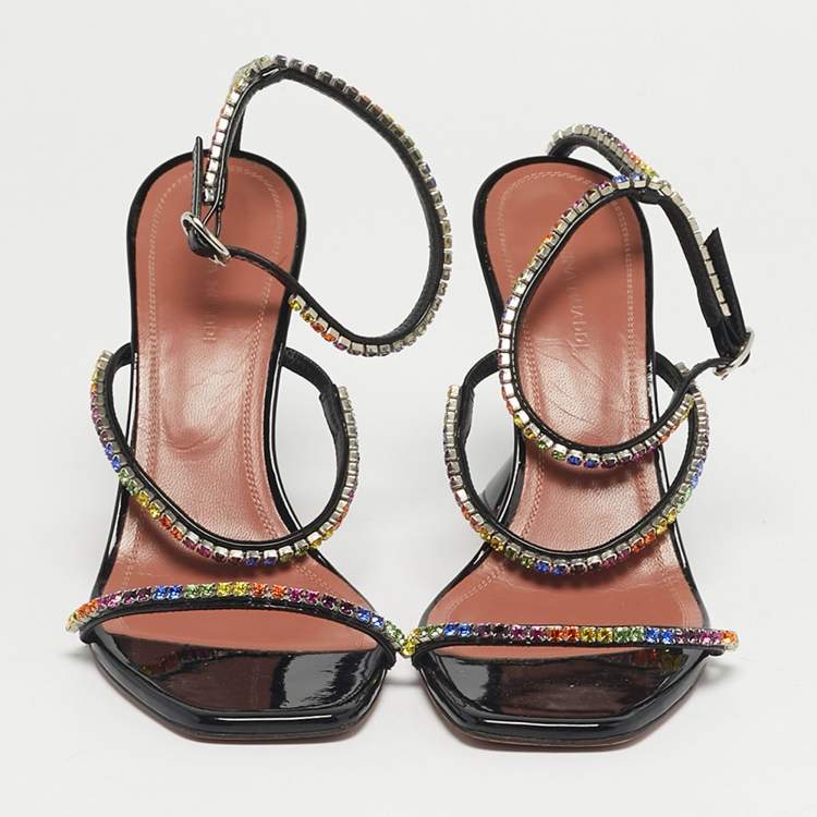 Pre Owned Amina Muaddi Gilda Size 38.5 Black Patent Leather Ankle Strap Sandals