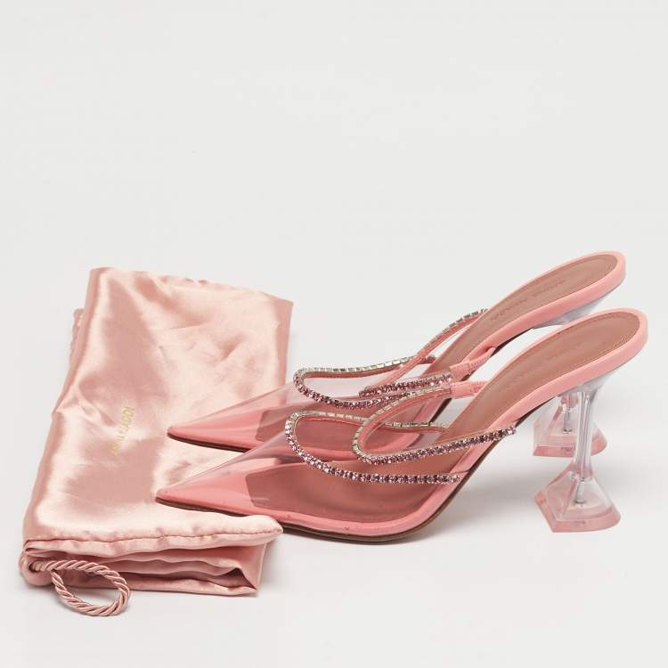 Pre Owned Amina Muaddi Gilda Size 38 Pink PVC Crystal Embellished Mules