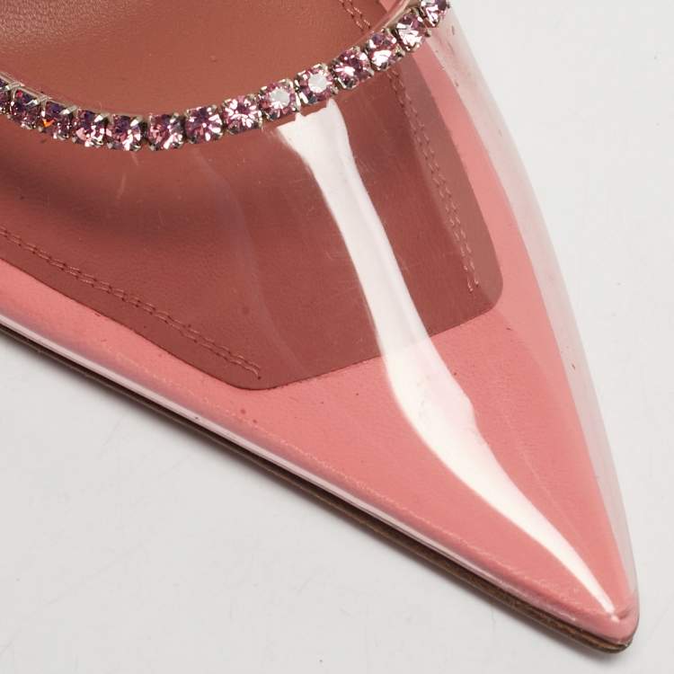 Pre Owned Amina Muaddi Gilda Size 38 Pink PVC Crystal Embellished Mules