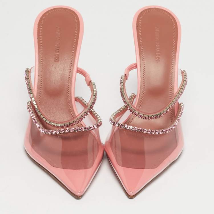 Pre Owned Amina Muaddi Gilda Size 38 Pink PVC Crystal Embellished Mules
