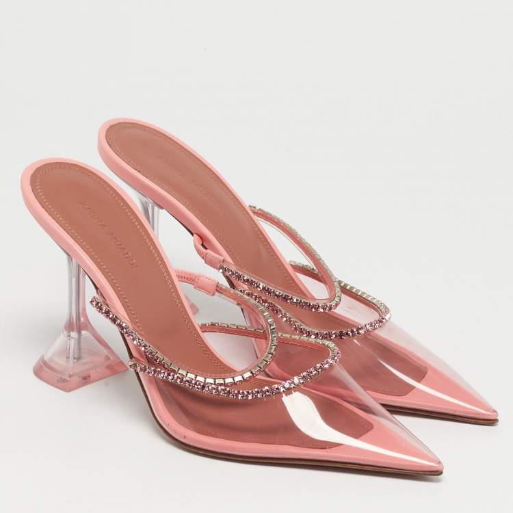 Pre Owned Amina Muaddi Gilda Size 38 Pink PVC Crystal Embellished Mules
