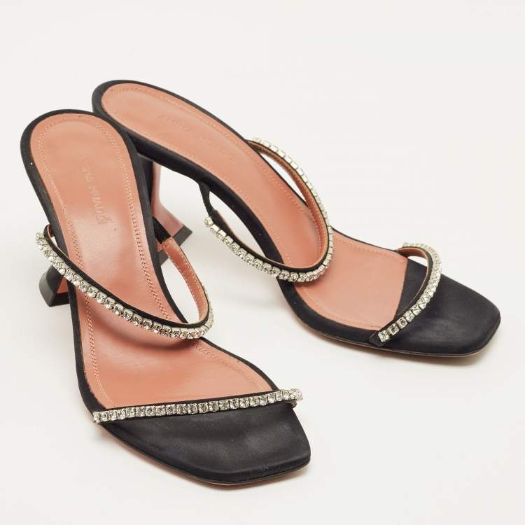 Pre Owned Amina Muaddi Gilda Size 38 Black Satin  Crystal Embellished Slide Sandals                         