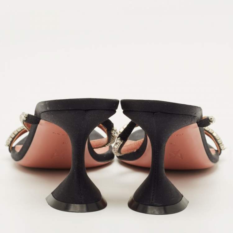 Pre Owned Amina Muaddi Gilda Size 38 Black Satin  Crystal Embellished Slide Sandals                         