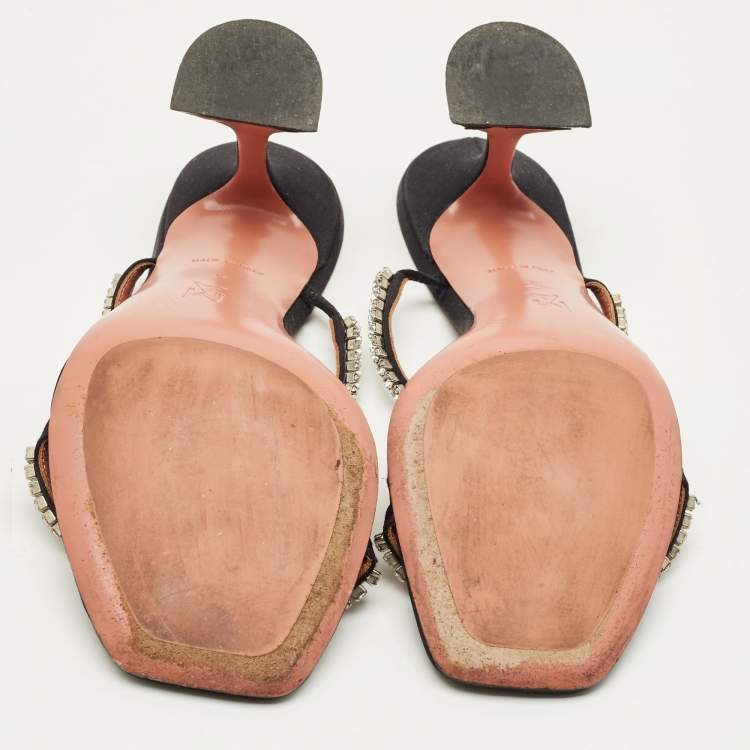 Pre Owned Amina Muaddi Gilda Size 38 Black Satin  Crystal Embellished Slide Sandals                         