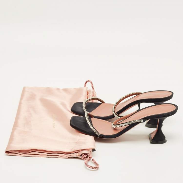 Pre Owned Amina Muaddi Gilda Size 38 Black Satin  Crystal Embellished Slide Sandals                         