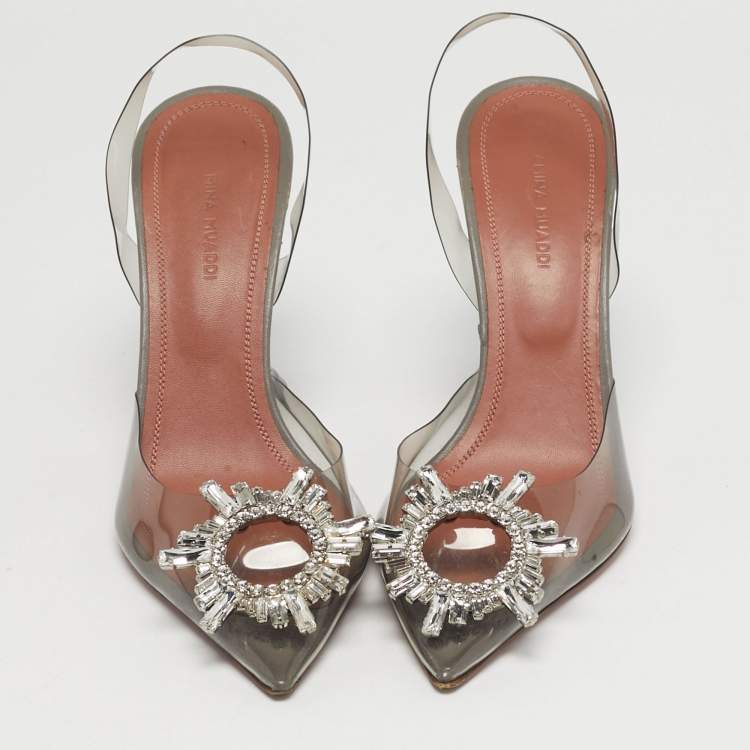 Pre Owned Amina Muaddi Begum Size 37 Black PVC Slingback Pumps