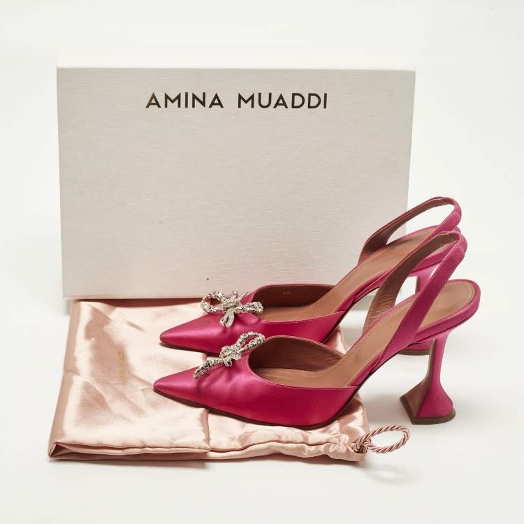 Pre Owned Amina Muaddi Begum Size 40 Pink Satin Slingback Pumps