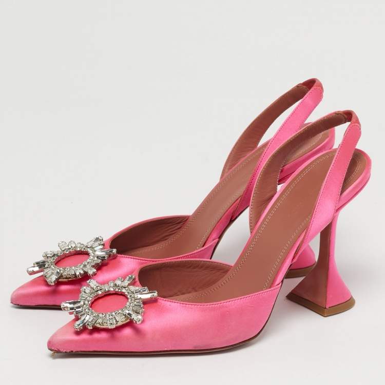 Pre Owned Amina Muaddi Begum Size 40 Pink Satin Slingback Pumps