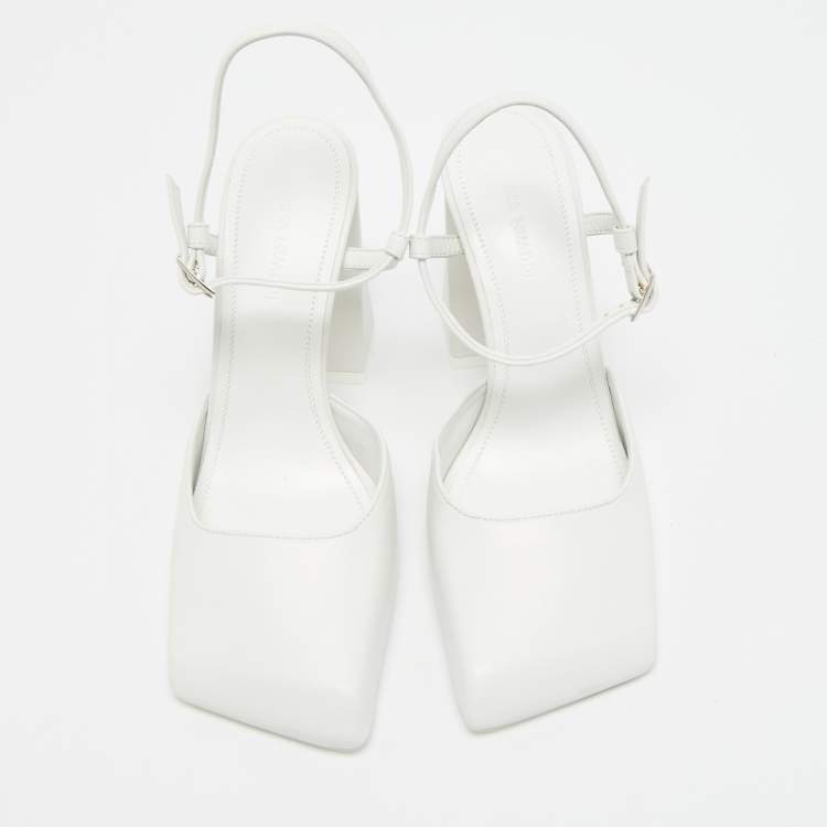 Pre Owned Amina Muaddi Charlotte 95 Size 35 White Leather Ankle Strap Pumps