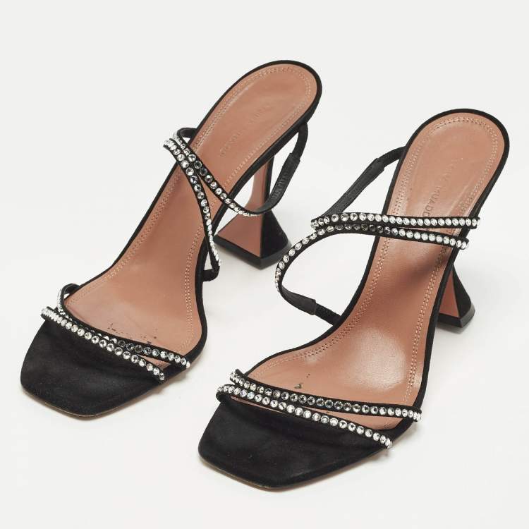 Pre Owned Amina Muaddi Gilda Size 42 Black Suede Crystal Embellished Slide Sandals
