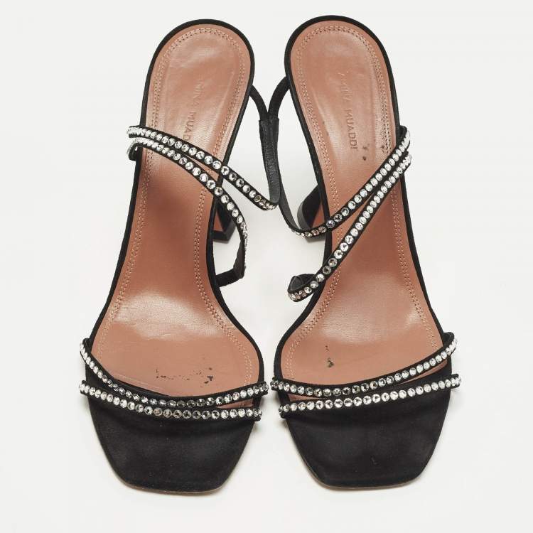 Pre Owned Amina Muaddi Gilda Size 42 Black Suede Crystal Embellished Slide Sandals