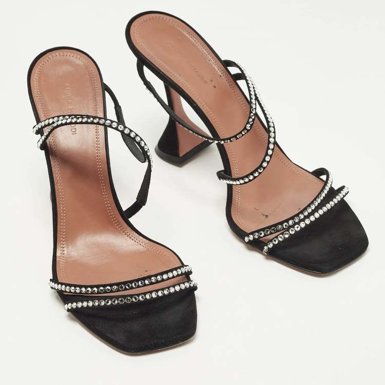 Pre Owned Amina Muaddi Gilda Size 42 Black Suede Crystal Embellished Slide Sandals