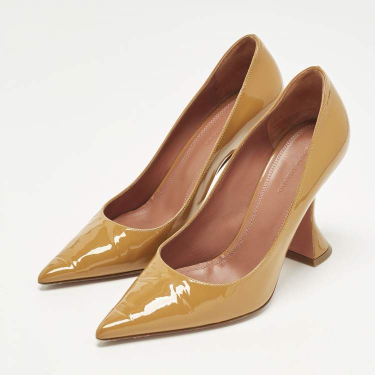 Pre Owned Amina Muaddi Ami Size 37.5 Beige Patent Leather Pumps