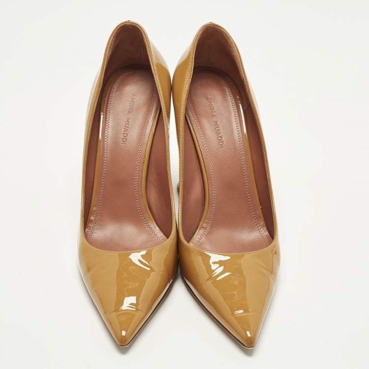 Pre Owned Amina Muaddi Ami Size 37.5 Beige Patent Leather Pumps