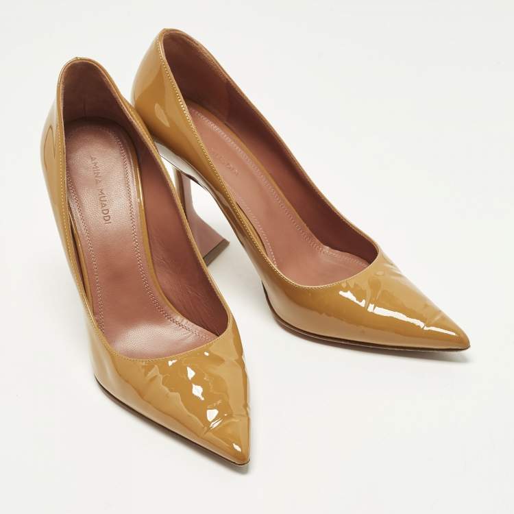 Pre Owned Amina Muaddi Ami Size 37.5 Beige Patent Leather Pumps