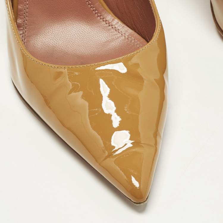 Pre Owned Amina Muaddi Ami Size 37.5 Beige Patent Leather Pumps