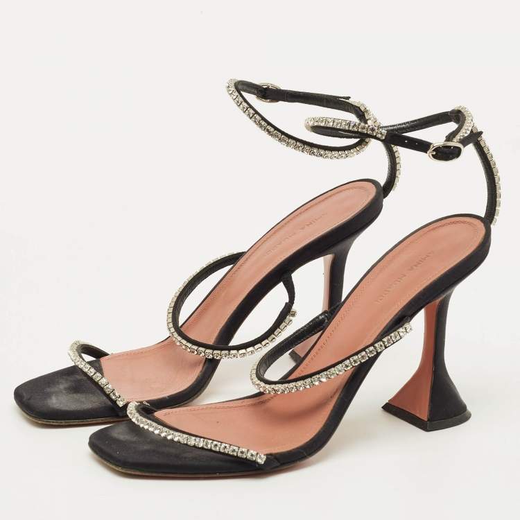 Pre Owned Amina Muaddi Gilda Size 39.5 Black Satin Ankle Strap Sandals