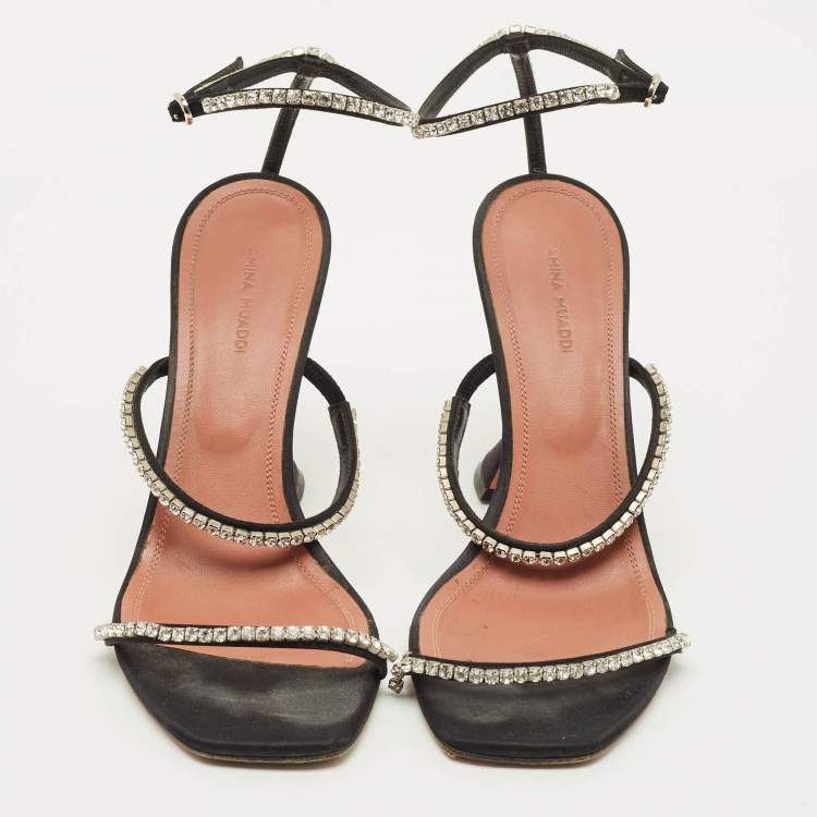 Pre Owned Amina Muaddi Gilda Size 39.5 Black Satin Ankle Strap Sandals