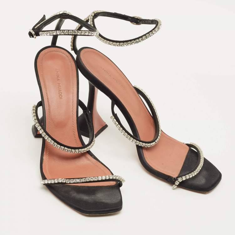 Pre Owned Amina Muaddi Gilda Size 39.5 Black Satin Ankle Strap Sandals