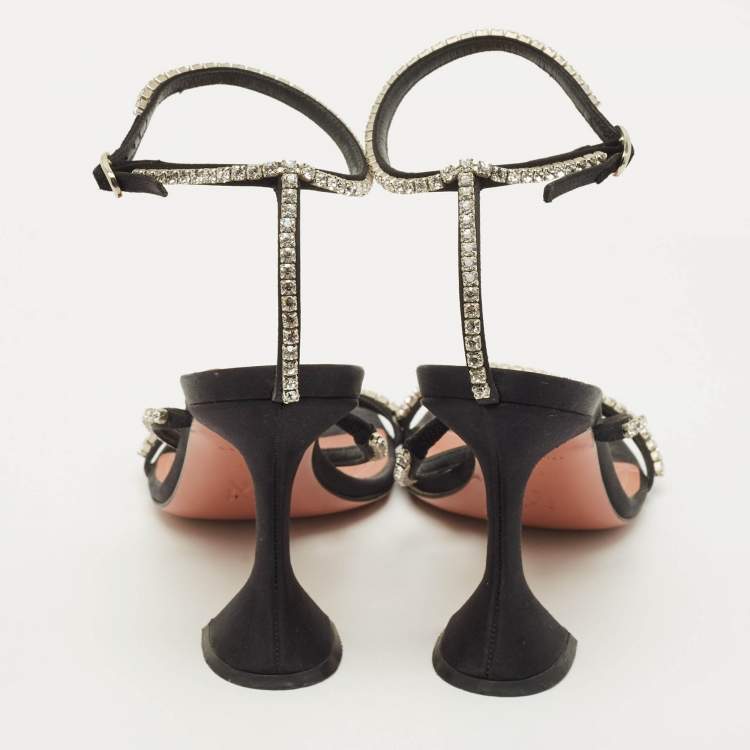 Pre Owned Amina Muaddi Gilda Size 39.5 Black Satin Ankle Strap Sandals