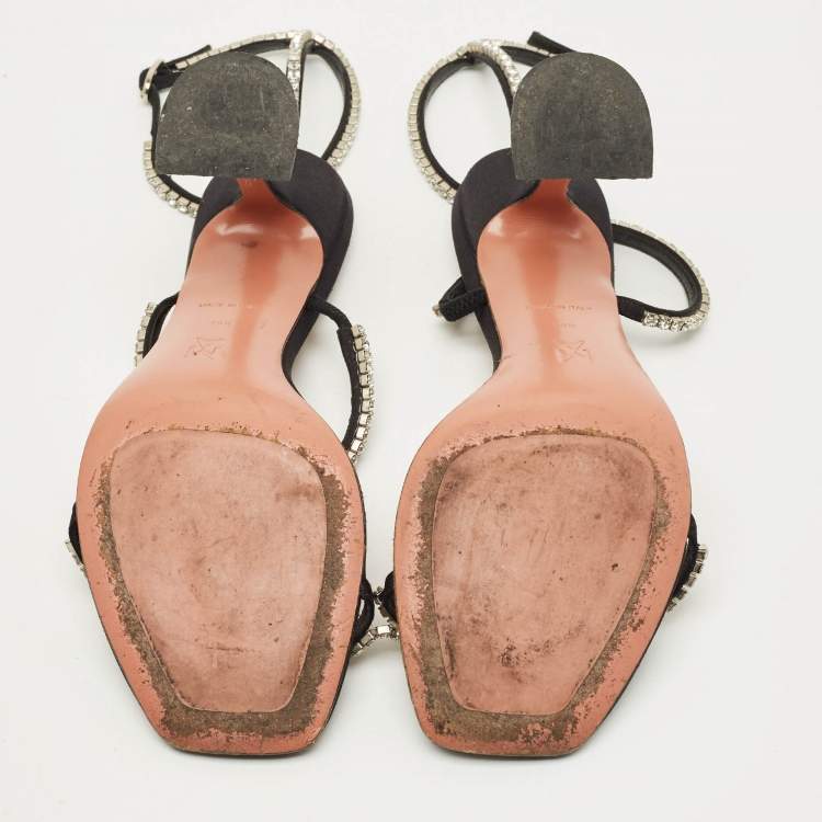 Pre Owned Amina Muaddi Gilda Size 39.5 Black Satin Ankle Strap Sandals