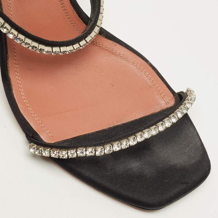 Pre Owned Amina Muaddi Gilda Size 39.5 Black Satin Ankle Strap Sandals