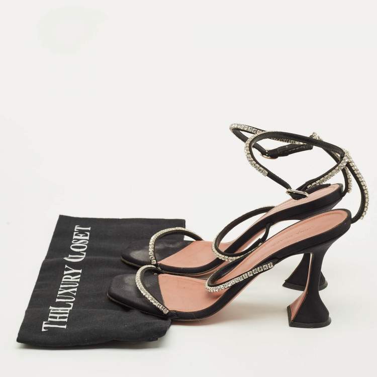 Pre Owned Amina Muaddi Gilda Size 39.5 Black Satin Ankle Strap Sandals