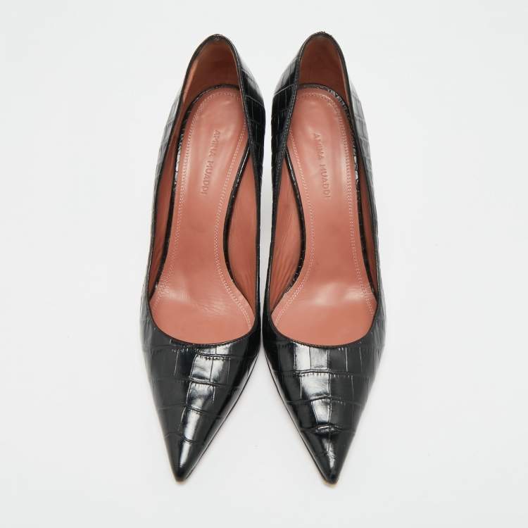 Pre Owned Amina Muaddi Ami Size 39.5 Black Croc Embossed Leather Pumps