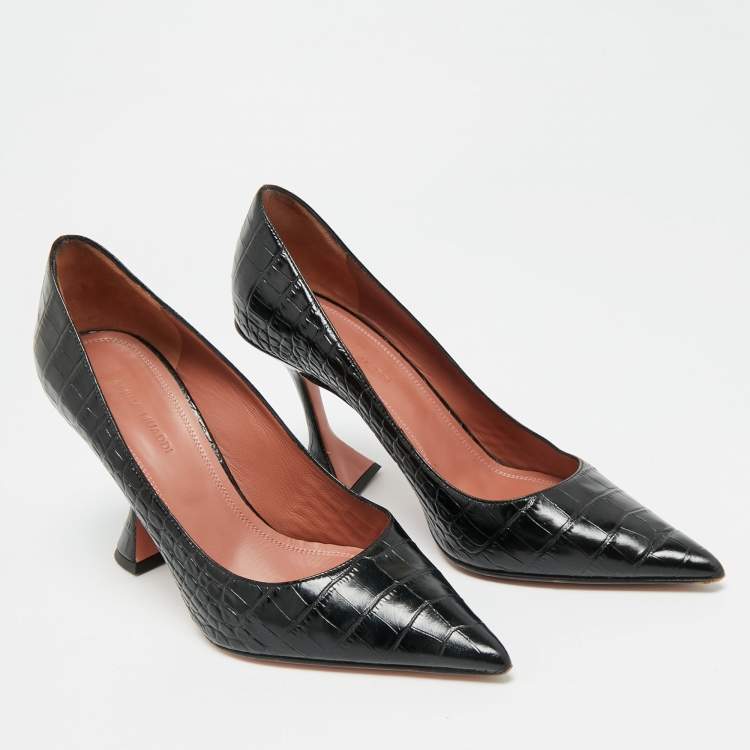 Pre Owned Amina Muaddi Ami Size 39.5 Black Croc Embossed Leather Pumps